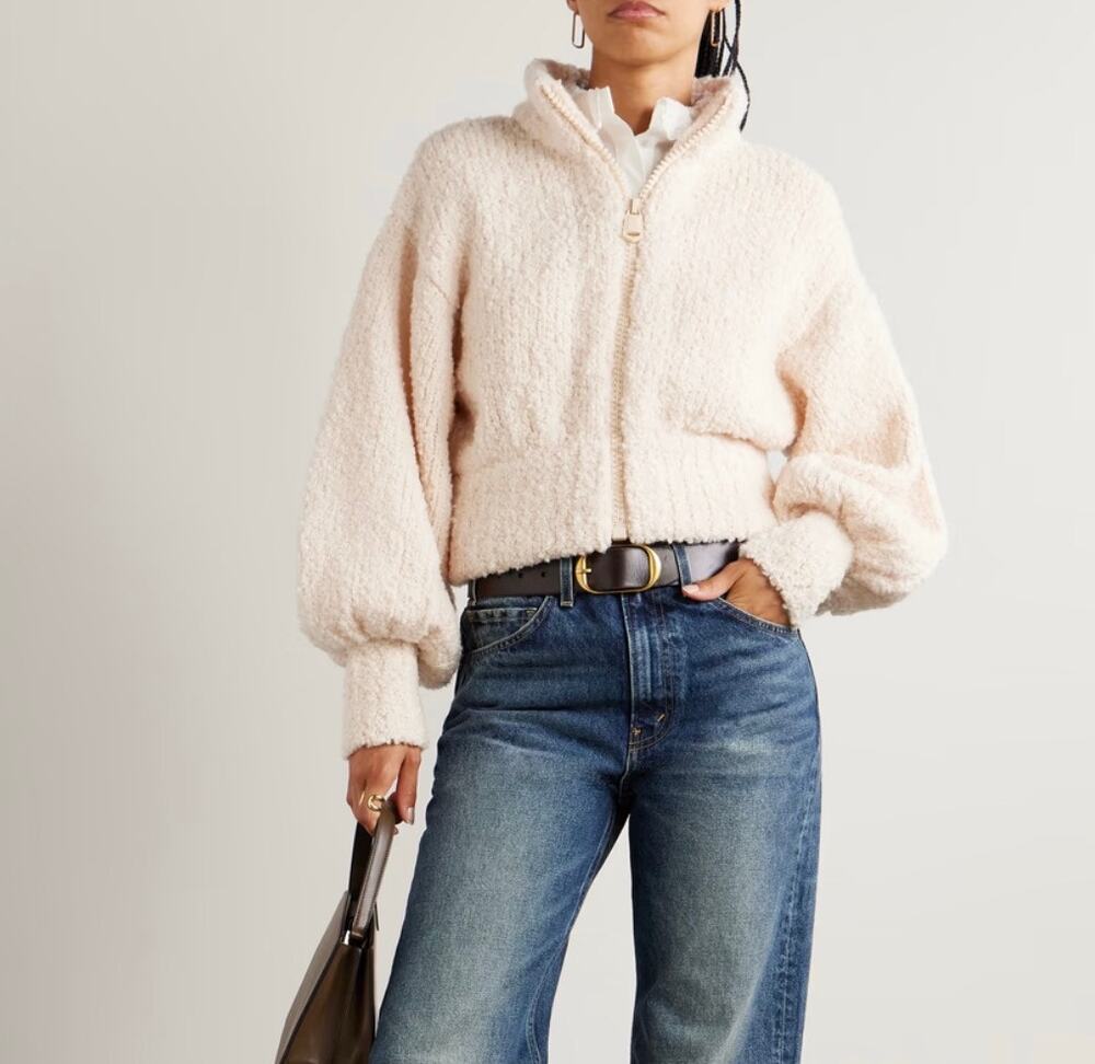Zimmermann Bouclé Knit Zip Cardigan Jacket Cream 0P Balloon Sleeve Cropped